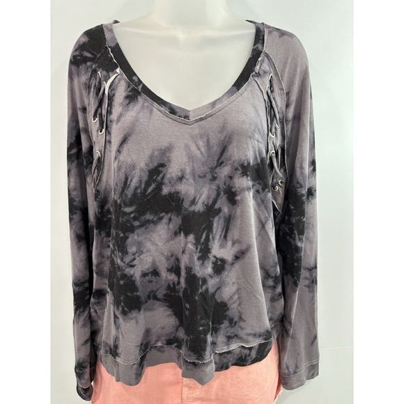 Mudd Tie Dye Lace Up Long Sleeve Top Gray Black Size Large Boho Grunge - Picture 10 of 10